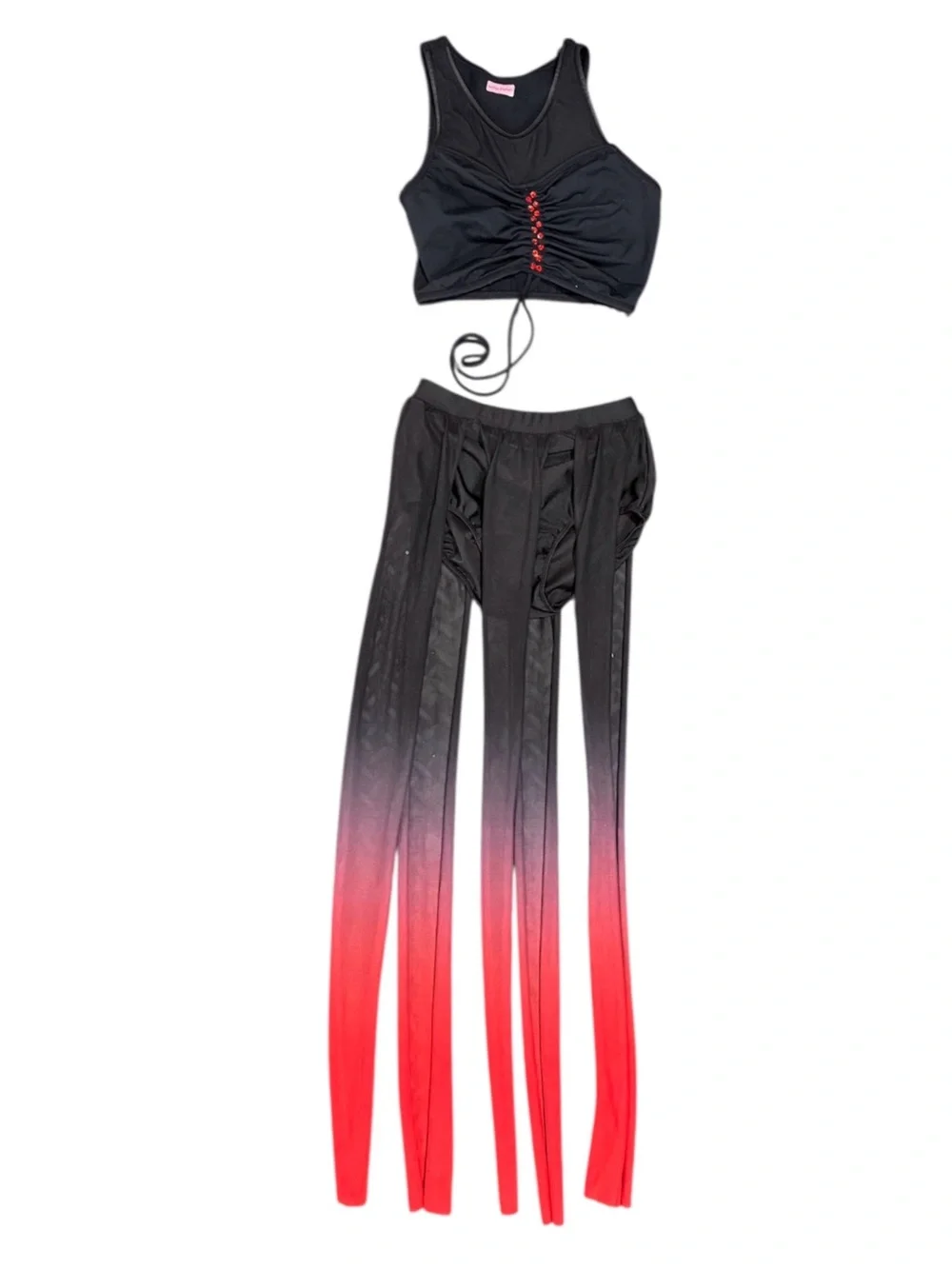 Weissman | Two Piece Black to Red Ombre Sheer Maxi Skirt Pinched Crop Top, LC